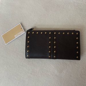 Michael Kors Studded Coffee Zip Wallet with GHW